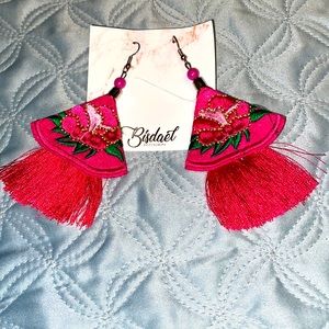 NWT Handmade dangling embroidered with tassel earrings